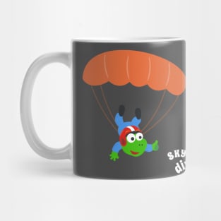 cartoon illustration of skydiving with litlle dinosaur Mug